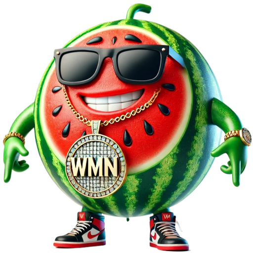 Big Juicy, the WaterMalones mascot, a watermelon with sunglasses and a WMN chain